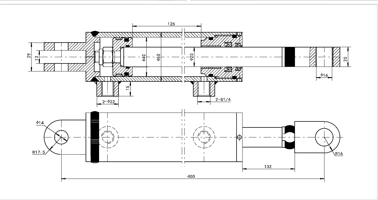 Catalogue technical drawing and evidence for HCYY11112004 Aerial Work Vehicle Steering Cylinder