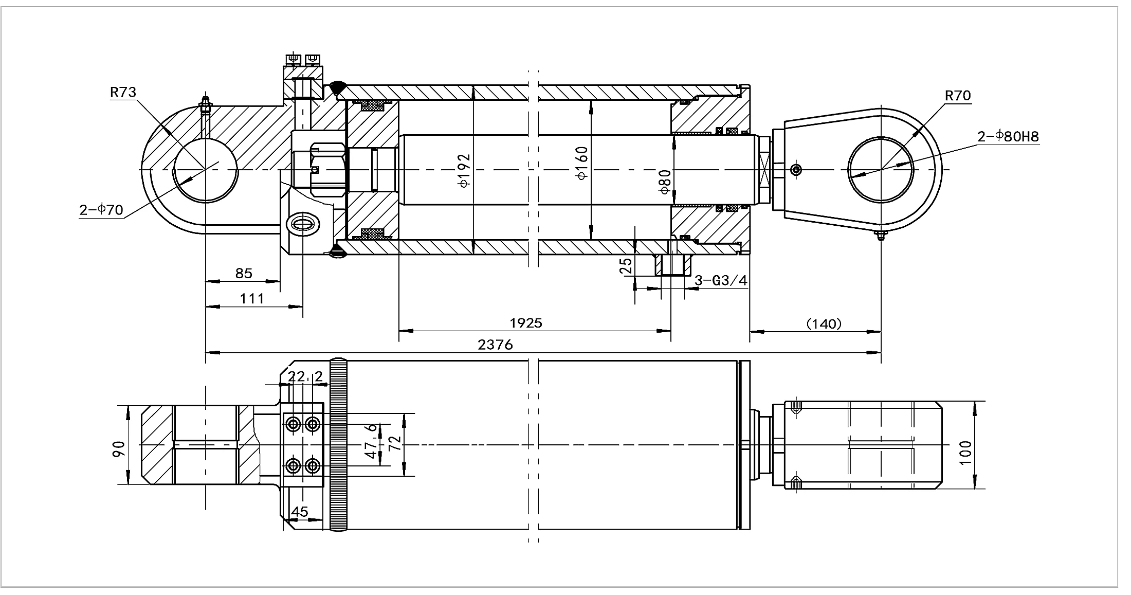 Dimension drawing for HCYY11112014 swing arm cylinder