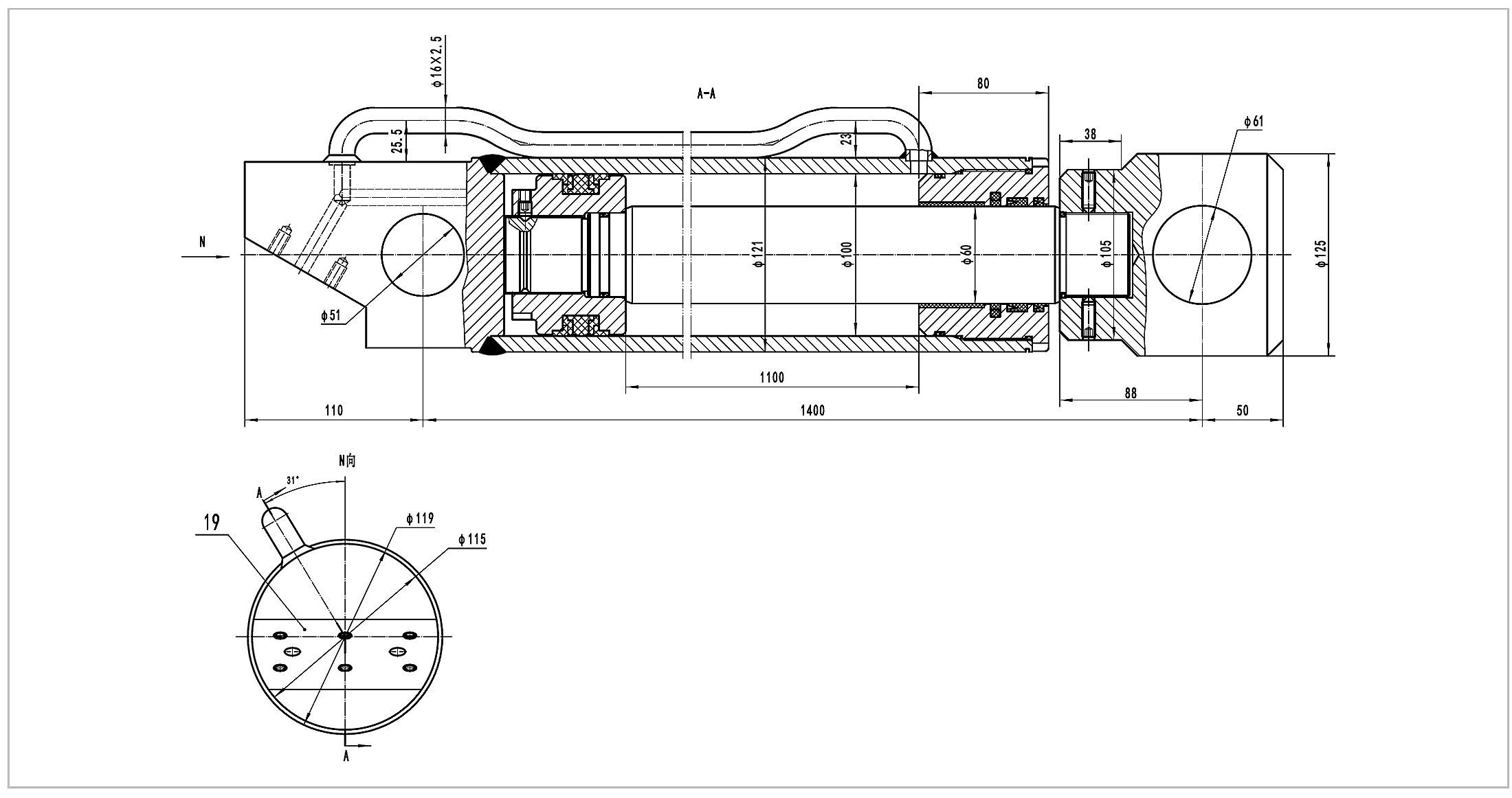 Dimension drawing for HCYY11112015 telescopic cylinder